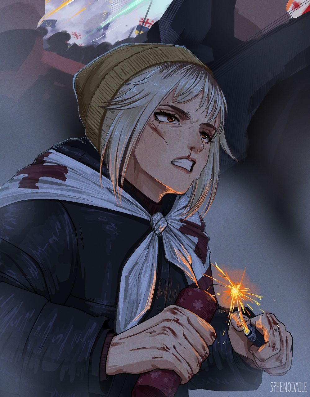 1girl, angry, beanie, blood, clenched_teeth, commentary, determined, european_union_flag