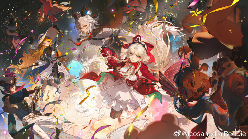 1boy, 4girls, ahoge, armband, black_armband, black_collar, black_horns, black_pants