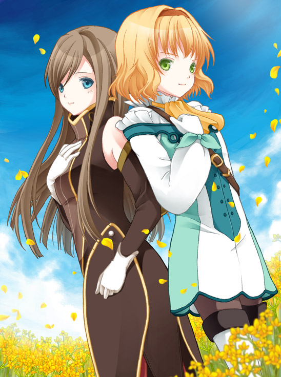 00s, 2girls, arm_warmers, ascot, back-to-back, black_legwear, blonde_hair, blue_eyes