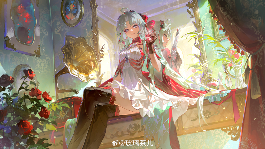 1girl, absurdres, ahoge, black_gloves, blue_eyes, bolichar, bow, breasts