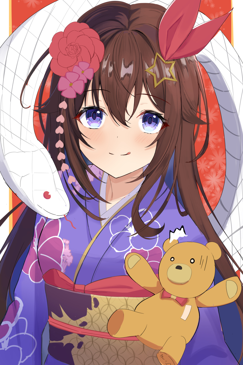 1girl, absurdres, ankimo_(tokino_sora), blue_kimono, blush, brown_hair, chinese_zodiac, closed_mouth