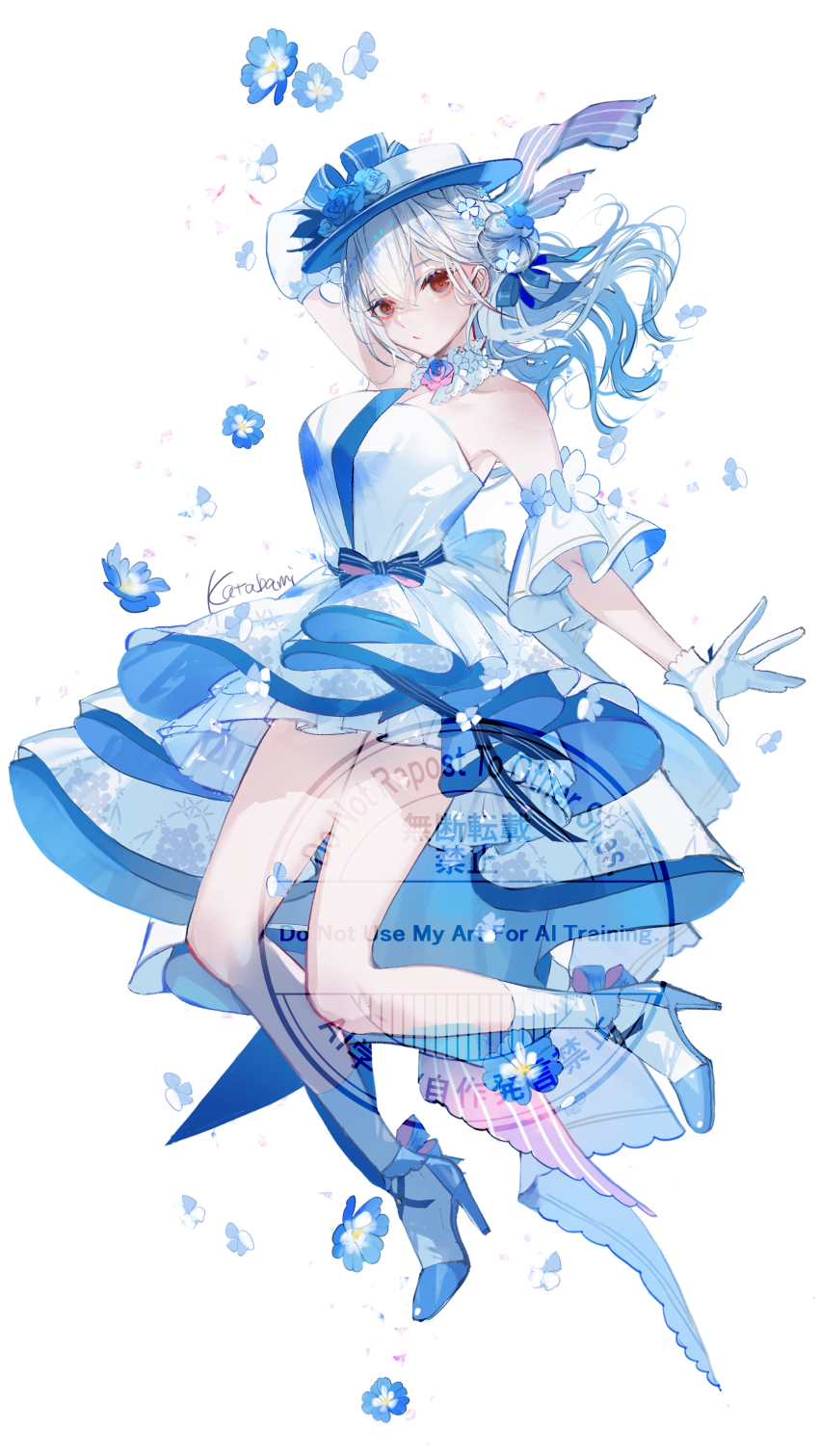 1girl, absurdres, arm_up, armpits, artist_name, asymmetrical_hair, bare_shoulders, bell_sleeves, blue_bow, blue_dress, blue_flower, boater_hat, bow, braid, breasts, bright_background, cleavage, collar, commentary_request, detached_collar, detached_sleeves, dress, floating, floating_flowers, flower, flower_collar, frilled_collar, frills, full_body, glove_bow, gloves, gown, hair_between_eyes, hair_bun, hakase_fuyuki, hakase_fuyuki_(9th_costume), hat, hat_flower, high-low_dress, high-low_skirt, high_heels, highres, katabami_happa, layered_skirt, medium_breasts, nijisanji, official_alternate_costume, official_alternate_hairstyle, red_eyes, short_sleeves, side_up_bun, simple_background, single_side_bun, skirt, sleeveless, sleeveless_dress, smile, socks, solo, strapless, strapless_dress, two-tone_dress, virtual_youtuber, waist_bow, watermark, white_background, white_dress, white_gloves, white_hair, white_socks