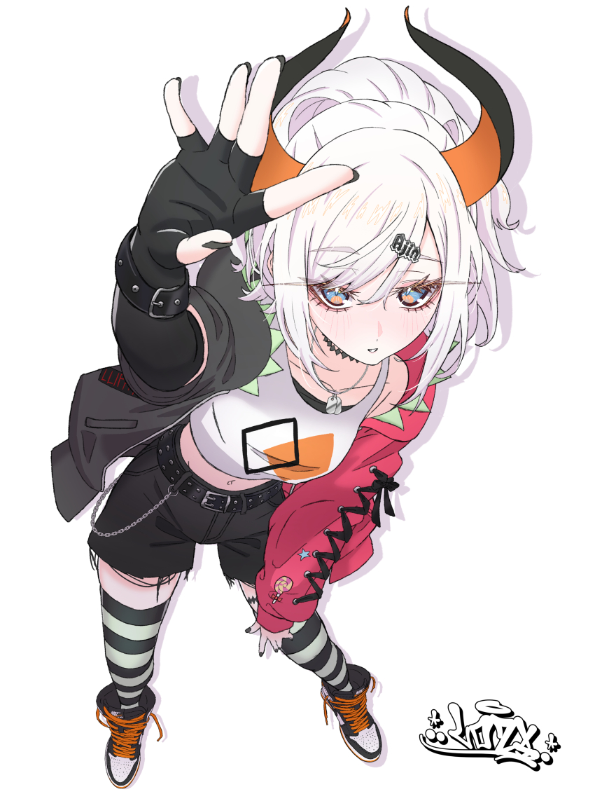 1girl, absurdres, belt, black_belt, black_gloves, black_shorts, blue_eyes, blush, elbow_gloves, fingerless_gloves, from_above, full_body, gloves, hair_ornament, hairclip, highres, horns, jacket, levi_elipha, levi_elipha_(4th_costume), looking_at_viewer, lozi, nijisanji, open_clothes, open_jacket, open_mouth, shoes, shorts, solo, tank_top, thighhighs, virtual_youtuber, white_background, white_hair