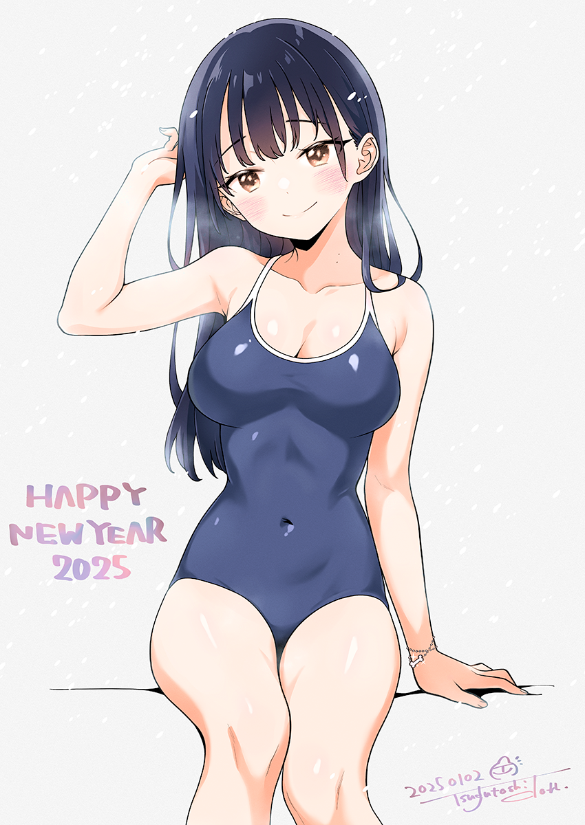 1girl, 2025, bare_shoulders, blue_background, blue_hair, blue_one-piece_swimsuit, boku_no_kokoro_no_yabai_yatsu, bone_bracelet, bracelet, breasts, brown_eyes, cleavage, closed_mouth, collarbone, competition_school_swimsuit, covered_navel, dark_blue_hair, dated, hand_up, happy_new_year, highres, jewelry, kurosu_tsugutoshi, long_hair, looking_at_viewer, medium_breasts, mole, mole_on_neck, multiple_moles, new_year, one-piece_swimsuit, school_swimsuit, signature, simple_background, sitting, solo, swimsuit, thighs, yamada_anna