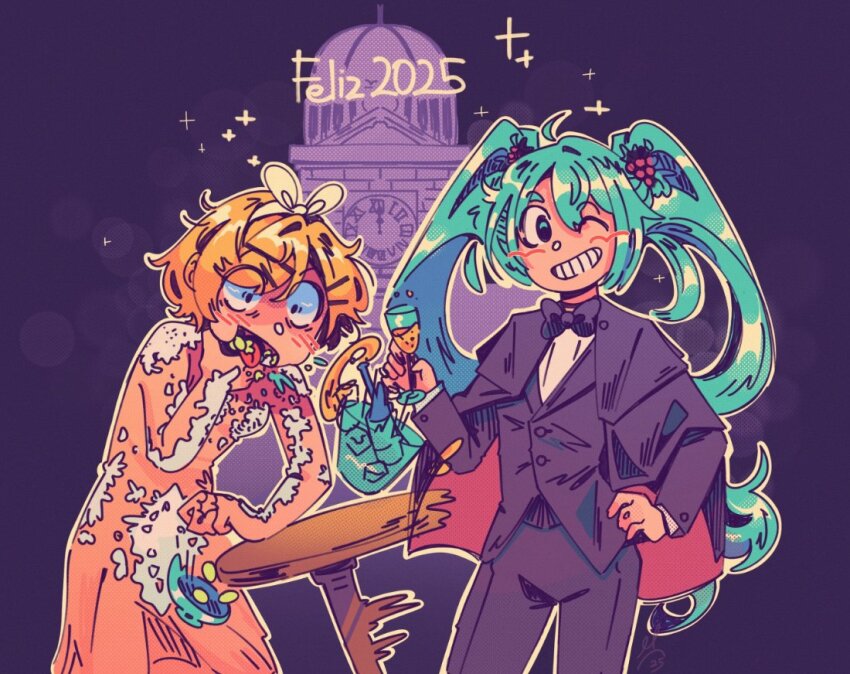 2025, 2girls, alcohol, aqua_eyes, aqua_hair, asphyxiation, black_cape, black_eyes