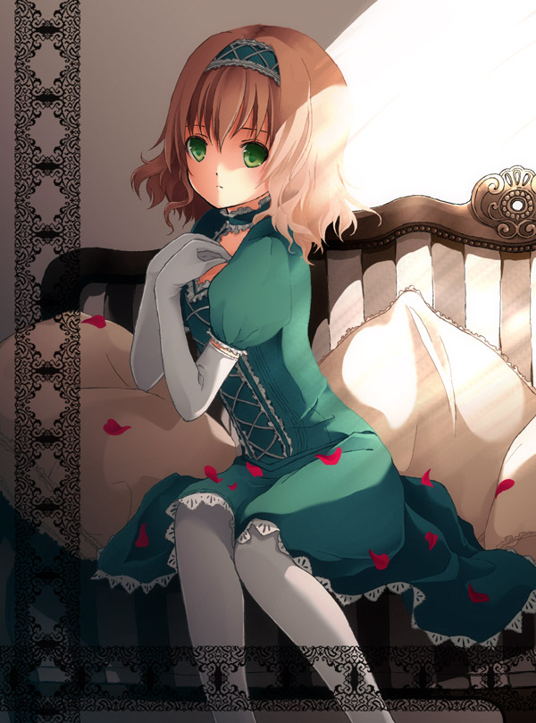 00s, 1girl, bed, blonde_hair, blue_hairband, choker, couch, elbow_gloves, female_focus, frills, gloves, green_eyes, hairband, hands_on_own_chest, hira_shinki, natalia_luzu_kimlasca_lanvaldear, official_alternate_costume, pantyhose, petals, pillow, princess, serious, short_hair, sitting, solo, sunlight, taira_shinki, tales_of_(series), tales_of_the_abyss, white_gloves, white_pantyhose