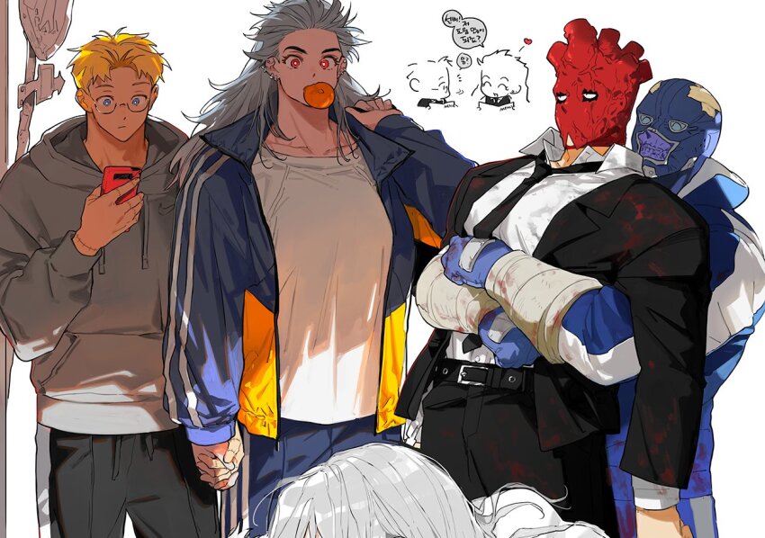 1boy, 1girl, belt, black_belt, black_jacket, black_necktie, black_pants, blonde_hair