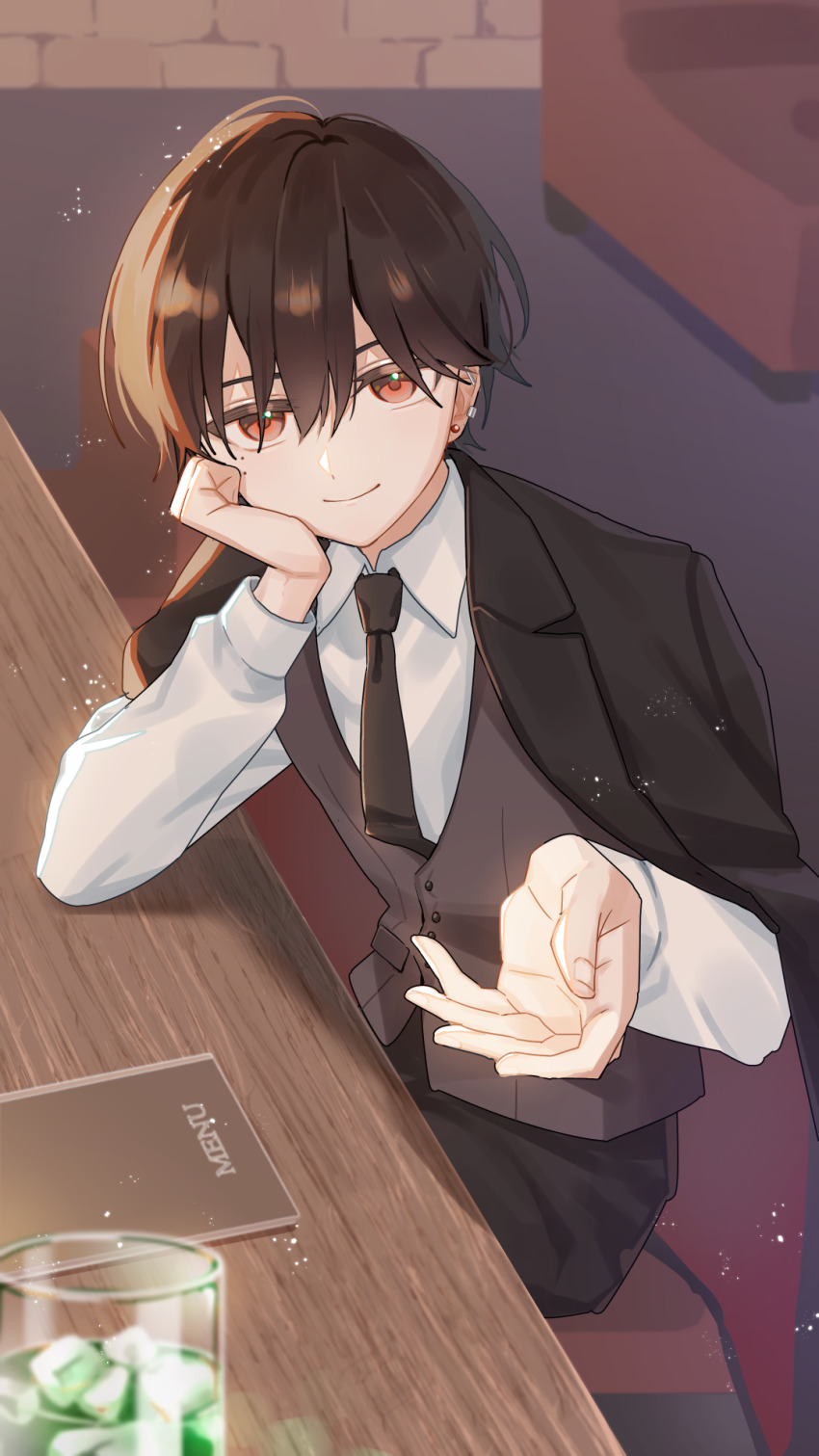 1girl, androgynous, bar_(place), black_hair, black_jacket, black_necktie, black_pants, brown_vest