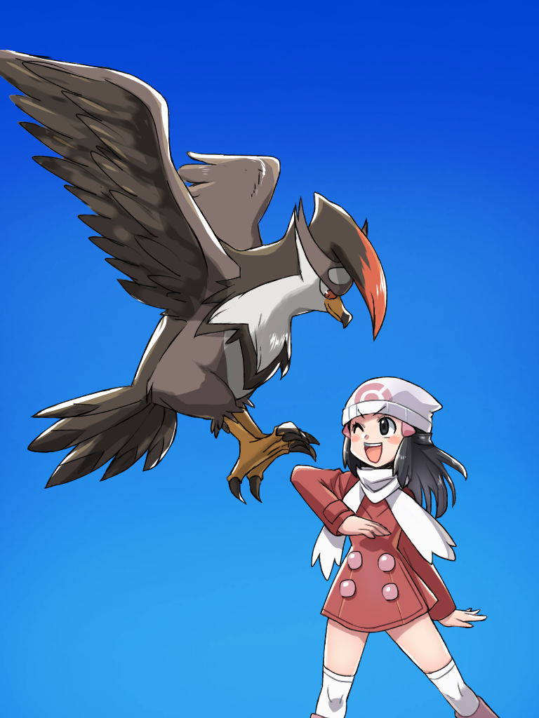 1girl, amemachi_(nono_a), beanie, bird, black_eyes, black_hair, blue_sky, closed_mouth