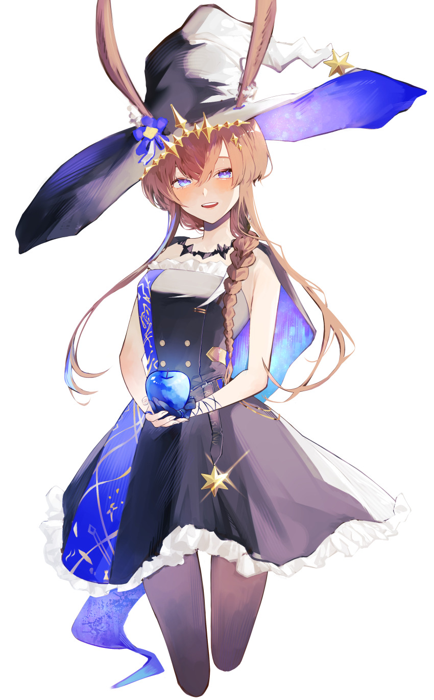 1girl, :d, absurdres, ambience_synesthesia, amiya_(medic)_(solo_around_the_world)_(arknights), amiya_(arknights), animal_ears, apple, arknights, bare_shoulders, black_dress, black_hat, blue_apple, blue_cape, blue_eyes, blue_gloves, blue_hat, blush, braid, brown_hair, brown_pantyhose, cape, cropped_legs, crossed_bangs, dress, ears_through_headwear, food, frilled_dress, frills, fruit, gloves, hair_between_eyes, happy, hat, highres, holding, holding_food, holding_fruit, jewelry, long_hair, looking_at_viewer, official_alternate_costume, open_mouth, pantyhose, ring, round_teeth, simple_background, single_glove, smile, solo, standing, teeth, two-sided_fabric, two-sided_headwear, upper_teeth_only, white_background, witch_hat, yumeji_poni