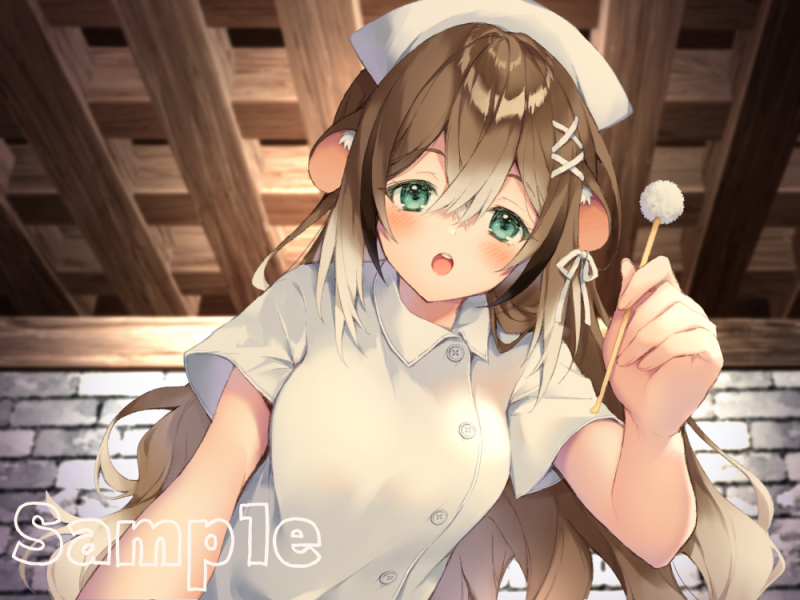 1girl, :o, animal_ears, bow, breasts, brown_hair, collared_dress, commentary_request