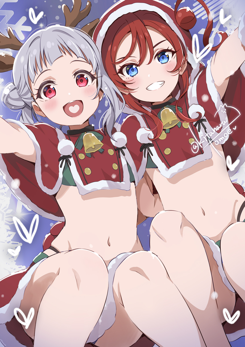 2girls, :d, adapted_costume, antlers, arashi_chisato, arched_bangs, arm_up, artist_name