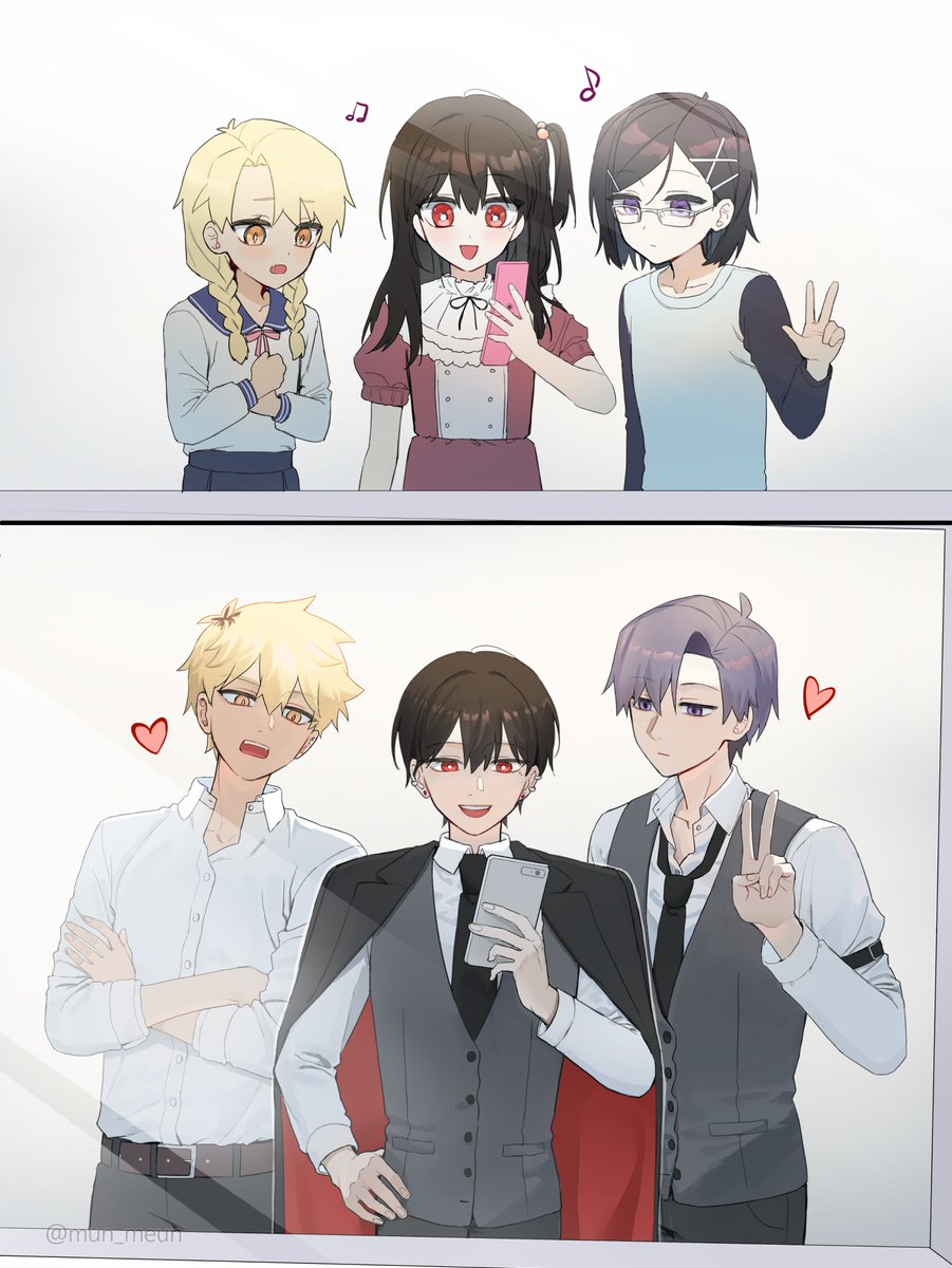 3girls, age_progression, androgynous, arm_belt, belt, black_hair, black_jacket, black_necktie