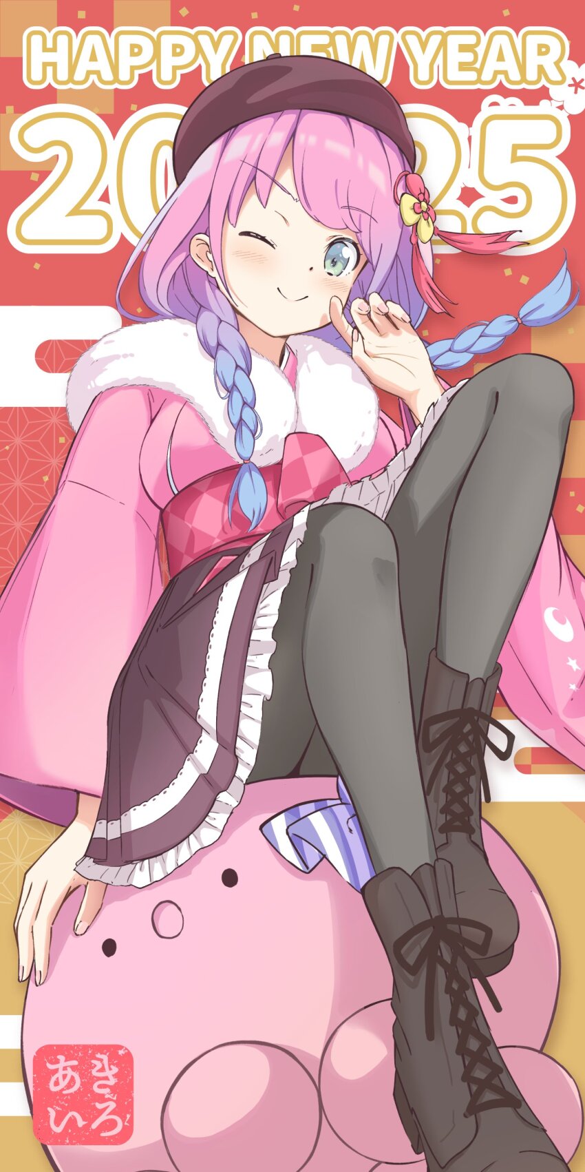 1girl, 2025, absurdres, akichazuke, beret, black_boots, black_hat, blue_hair