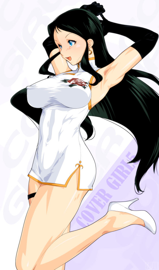 1girl, abs, armpits, arms_up, black_hair, blue_eyes, blush, breasts