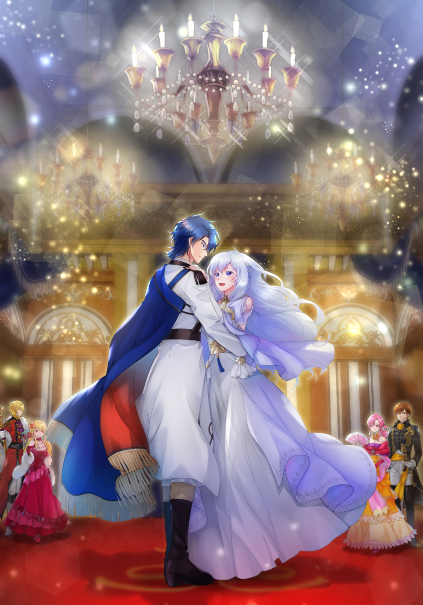 absurdres, aristocratic_clothes, arm_around_another's_waist, black_coat, black_footwear, blonde_hair, blue_cape, blue_eyes, blue_hair, boots, brother_and_sister, brown_hair, candle, cape, chandelier, coat, dancing, deirdre_(fire_emblem), deirdre_(masquerade)_(fire_emblem), diffraction_spikes, dress, eldigan_(fire_emblem), eldigan_(masquerade)_(fire_emblem), ethlyn_(fire_emblem), ethlyn_(masquerade)_(fire_emblem), eye_contact, fire_emblem, fire_emblem:_genealogy_of_the_holy_war, fire_emblem_heroes, folding_fan, full_body, glint, gown, grey_hair, hand_fan, highres, holding, holding_fan, husband_and_wife, indoors, lachesis_(fire_emblem), lachesis_(masquerade)_(fire_emblem), light_blush, long_dress, long_hair, long_sleeves, looking_at_another, multicolored_dress, nintendo, official_alternate_costume, purple_dress, quan_(fire_emblem), quan_(masquerade)_(fire_emblem), red_coat, short_hair, siblings, sigurd_(fire_emblem), sigurd_(masquerade)_(fire_emblem), sparkle, standing, white_coat, white_dress, yuino_(fancy_party)