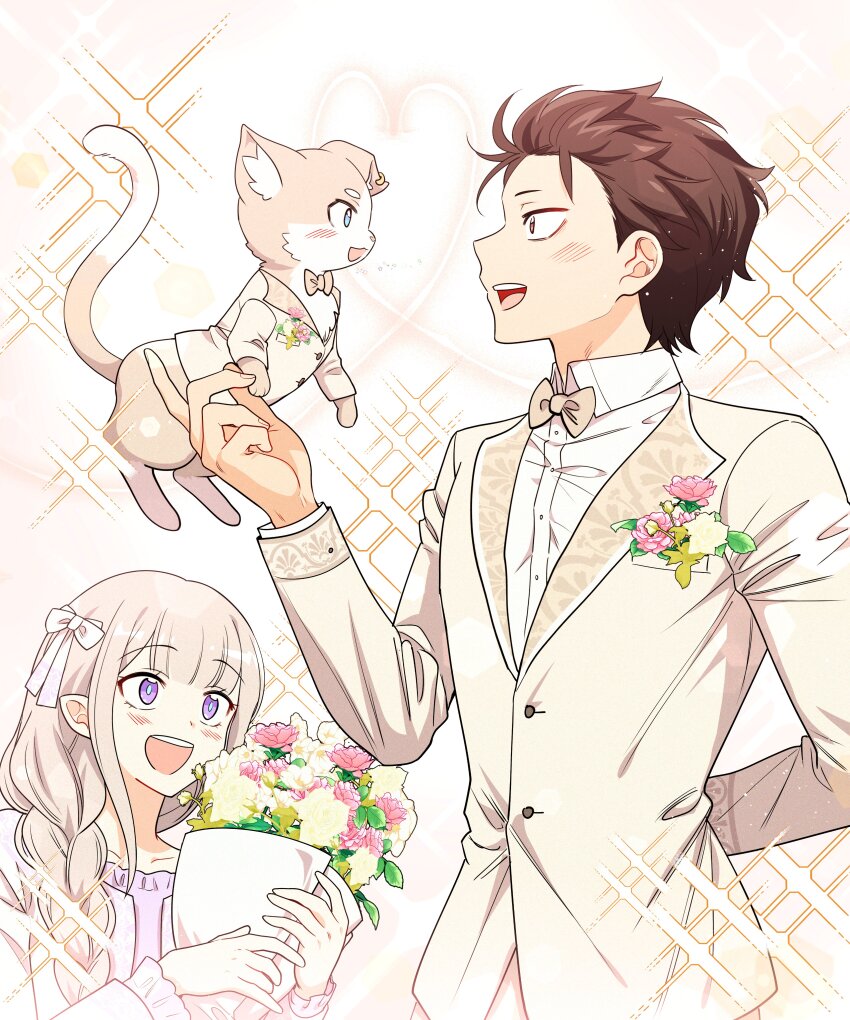 1boy, 2girls, :d, absurdres, arm_behind_back, bouquet, bow, bowtie, brown_hair, emilia_(re:zero), flower, formal_clothes, hair_bow, hand_up, heart, highres, kobayashi_yuusuke, korean_commentary, multiple_girls, natsuki_subaru, no_keze, open_mouth, puck_(re:zero), re:zero_kara_hajimeru_isekai_seikatsu, smile, sparkle, suit, uchiyama_yumi, voice_actor_connection, wedding, wedding_suit, white_bow