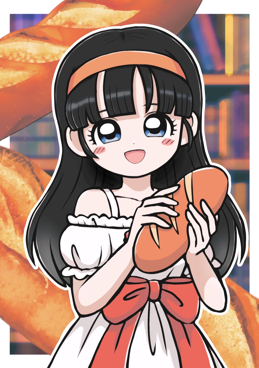 1girl, :d, absurdres, airi_(dq10), black_hair, blue_eyes, blunt_bangs, blurry, blurry_background, border, bow, bread, commentary_request, dragon_quest, dragon_quest_x, dress, food, hairband, highres, holding, holding_food, long_hair, looking_at_viewer, moyapippi, off_shoulder, open_mouth, orange_hairband, red_bow, smile, solo, upper_body, waist_bow, white_border, white_dress