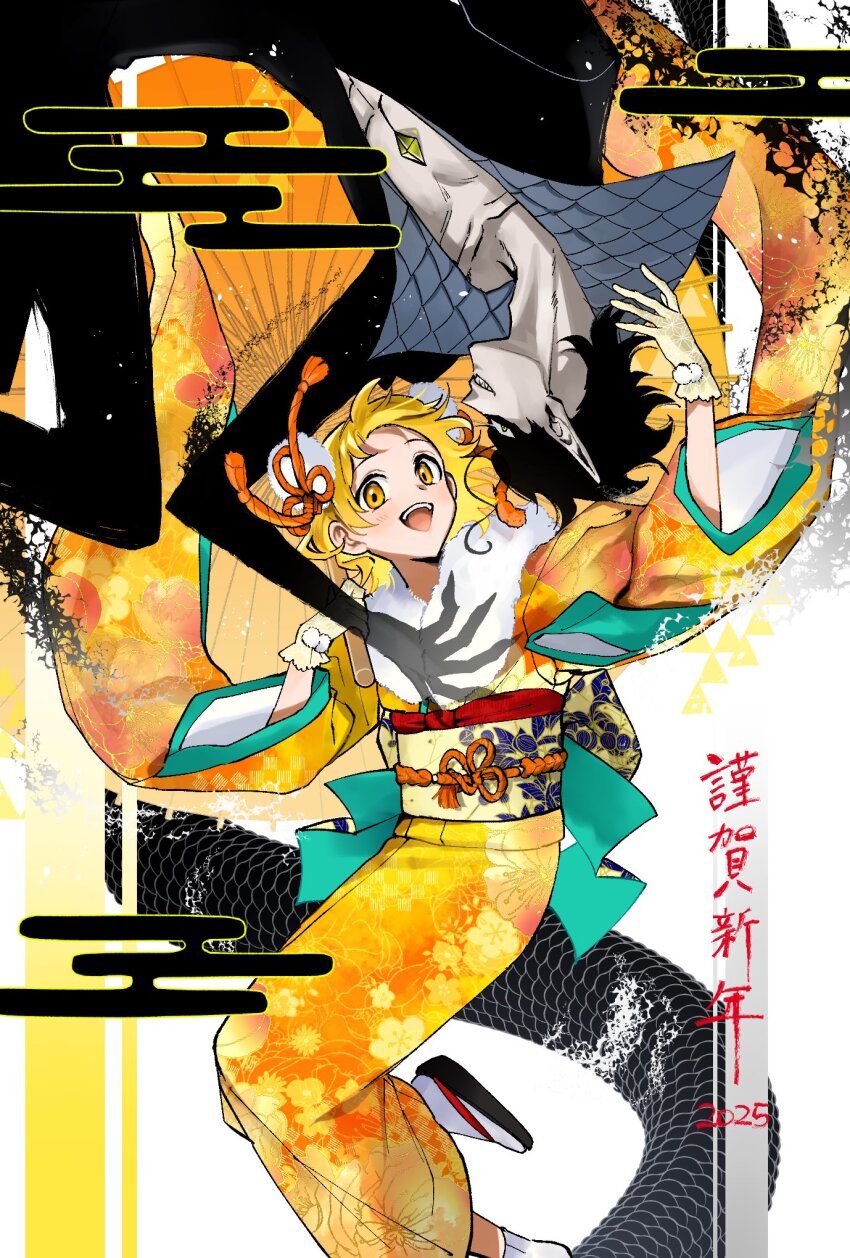 1boy, 1girl, 2025, 62kaeru, :d, black_hair, blonde_hair, chest_jewel