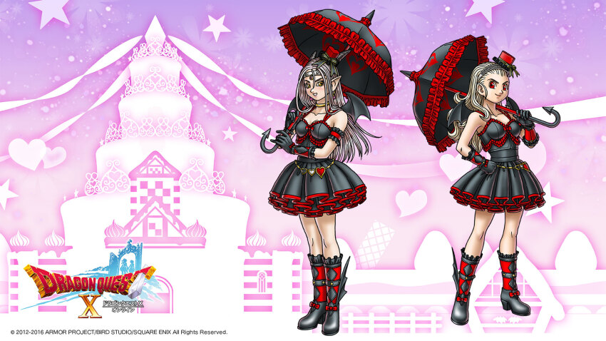 2girls, anlucea_the_maluminary, armlet, artist_request, bat_wings, black_bow, black_dress, black_gloves, black_horns, black_wings, blonde_hair, boots, bow, breasts, circlet, cleavage, copyright_logo, curly_hair, dragon_girl, dragon_quest, dragon_quest_x, dress, earrings, estella_(dq10), fake_wings, frilled_armlet, frilled_dress, frills, full_body, gloves, gold_choker, hair_bow, hair_pulled_back, hand_on_own_hip, hat, heart, highres, holding, holding_umbrella, horns, jewelry, logo, long_hair, looking_at_viewer, looking_to_the_side, mini_hat, mini_top_hat, mole, mole_under_mouth, monster_girl, multiple_girls, official_alternate_costume, official_art, official_wallpaper, parasol, parted_hair, pink_hair, pointy_ears, red_eyes, red_trim, silver_circlet, silver_hairband, smile, smirk, sphere_earrings, third-party_source, top_hat, umbrella, wings, yellow_eyes