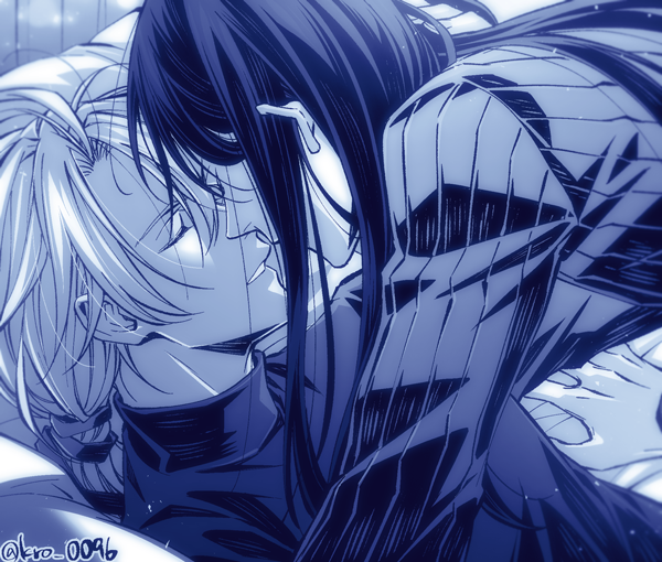 2boys, arm_support, blue_theme, closed_eyes, couple, dimitri_alexandre_blaiddyd, felix_hugo_fraldarius, fire_emblem, fire_emblem:_three_houses, hair_behind_ear, hair_down, hair_ribbon, imminent_kiss, kro_0096, leaning, leaning_forward, long_hair, long_sleeves, lying, male_focus, monochrome, multiple_boys, nintendo, on_back, parted_bangs, parted_lips, ponytail, ribbed_shirt, ribbon, shirt, short_ponytail, turtleneck, twitter_username, yaoi