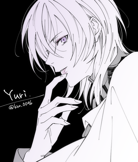 1boy, arm_up, bishounen, black_background, cape, character_name, commentary_request, fire_emblem, fire_emblem:_three_houses, greyscale, hair_behind_ear, hair_between_eyes, hand_to_own_mouth, kro_0096, long_sleeves, looking_at_viewer, male_focus, medium_hair, monochrome, nintendo, parted_lips, profile, purple_eyes, side_cape, simple_background, smile, solo, spot_color, twitter_username, upper_body, yuri_leclerc