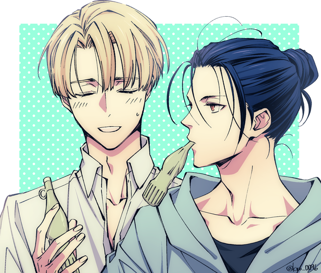 2boys, black_shirt, blonde_hair, blue_hair, blue_hoodie, border, collarbone, collared_shirt, commentary_request, contemporary, dark_blue_hair, dimitri_alexandre_blaiddyd, drink, felix_hugo_fraldarius, fire_emblem, fire_emblem:_three_houses, hair_between_eyes, hair_bun, holding, holding_drink, hood, hood_down, hoodie, kro_0096, looking_at_another, male_focus, multiple_boys, nintendo, open_collar, orange_eyes, outside_border, profile, shirt, short_hair, side-by-side, single_hair_bun, small_sweatdrop, sweat, t-shirt, twitter_username, white_border, white_shirt, wing_collar