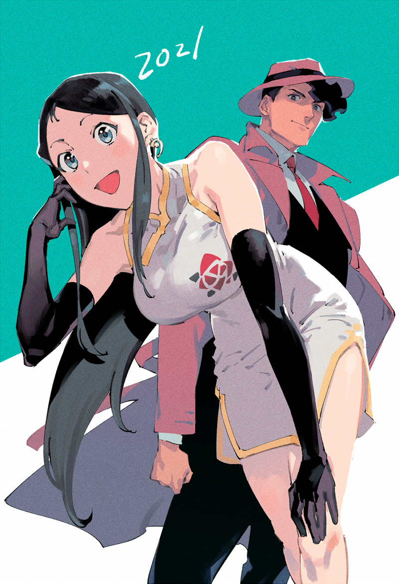 1boy, 1girl, 2021, black_hair, blue_eyes, breasts, china_dress, chinese_clothes, coat, commentary_request, dress, earrings, elbow_gloves, giant_robo, ginrei_(giant_robo), gloves, gold_trim, green_hair, hamu_fukurou, hat, jewelry, long_hair, mackintosh_rose, medium_breasts, murasame_kenji, open_mouth, pants, shoes, short_hair, smile, white_dress, white_footwear