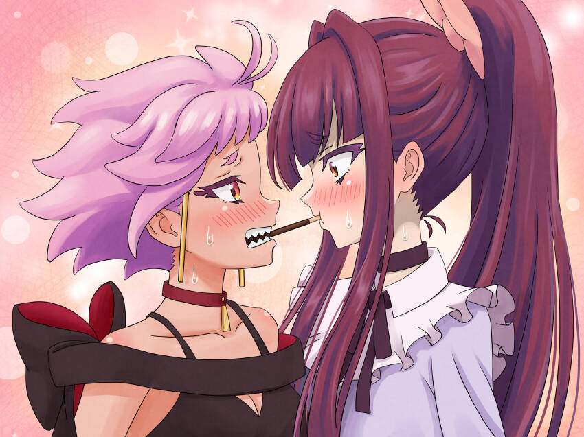 2girls, absurdres, black_choker, blush, breasts, brown_eyes, brown_hair, choker