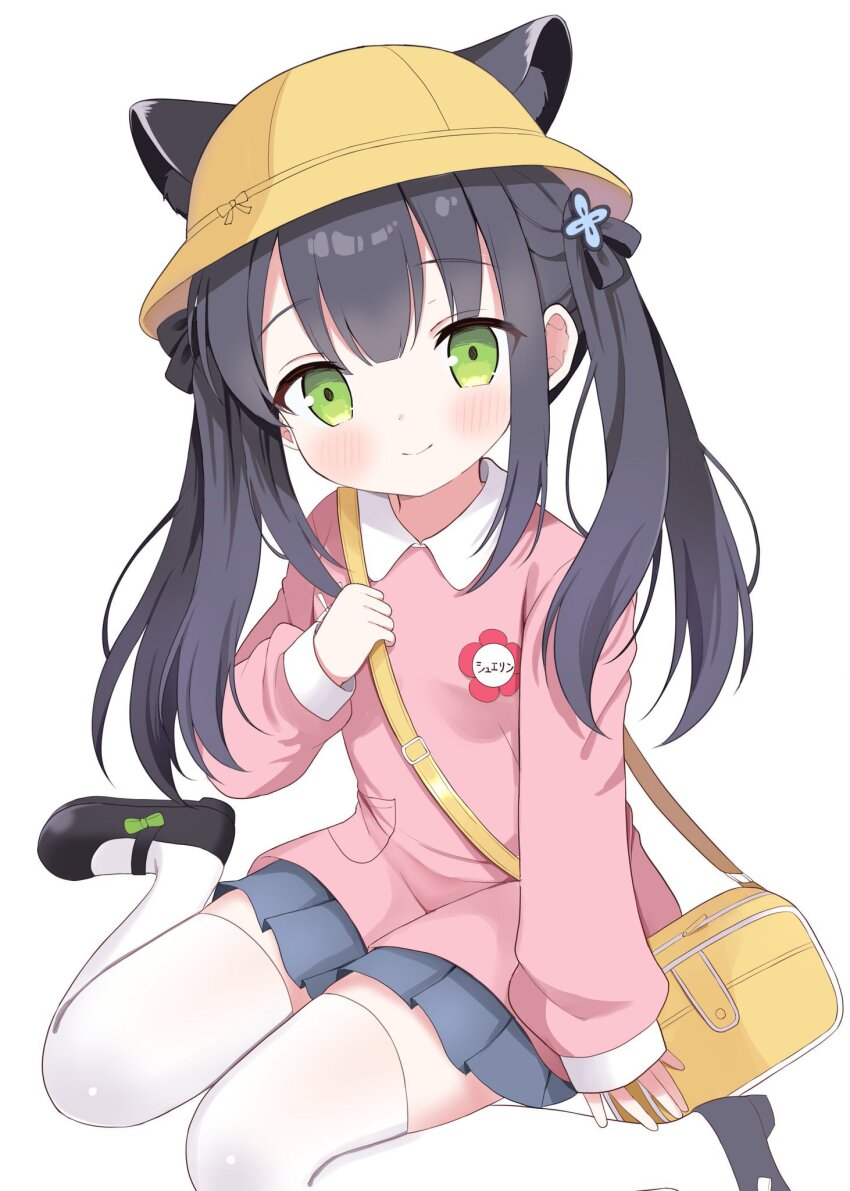 aged_down, alternate_costume, animal_ears, black_hair, black_ribbon, blue_archive, chatsune_(white_lolita), ears_through_headwear, green_eyes, hat, highres, kindergarten_uniform, long_hair, looking_at_viewer, ribbon, school_hat, shun_(blue_archive), shun_(small)_(blue_archive), skirt, smile, thighhighs, twintails, white_thighhighs, yellow_hat