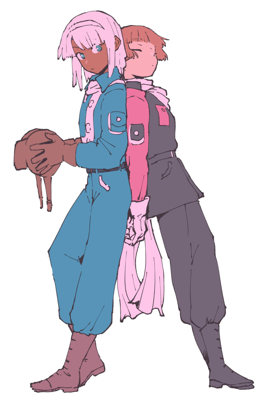 1boy, 1girl, alternate_hair_color, androgynous, asymmetrical_bangs, back-to-back, belt, black_belt