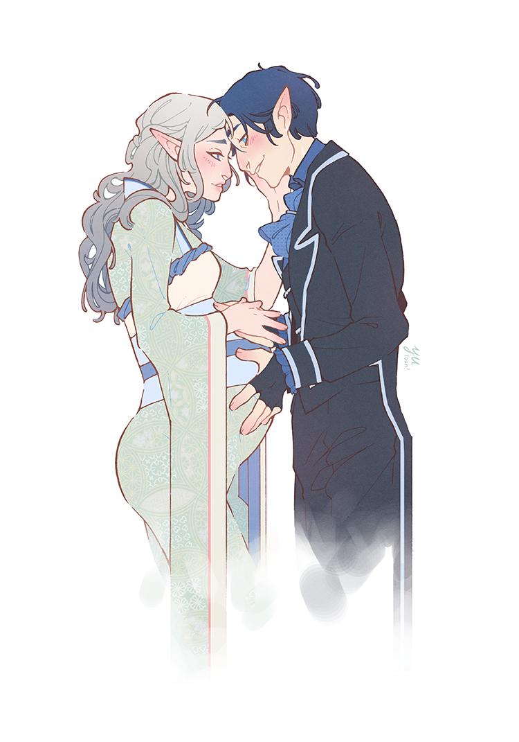 1boy, 1girl, aegyo_sal, aqua_eyes, blue_eyes, blue_hair, blue_sash, blush, borrowed_character, commission, couple, cowboy_shot, dress, ear_blush, elf, floral_dress, floral_print, floral_print_dress, formal_clothes, gradient_hair, green_dress, green_kimono, grey_hair, hetero, japanese_clothes, kimono, long_hair, long_sleeves, multicolored_hair, nose, original, pants, pointy_ears, pregnant, print_dress, sash, short_hair, suit, white_background, wide_sleeves, yutaan