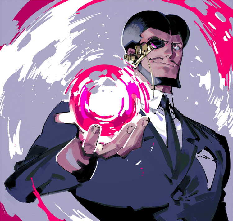 1boy, beard, black_hair, commentary_request, cybernetic, eyepatch, facial_hair, formal_clothes