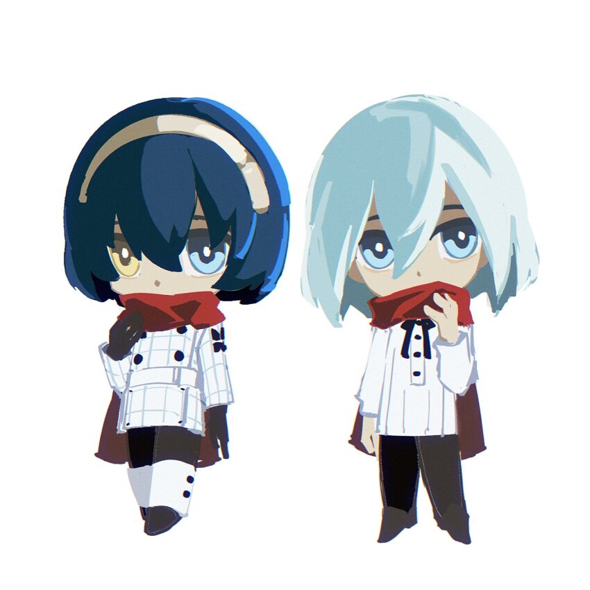 2boys, ankle_cuffs, anxilotus, arm_up, belt, black_footwear, black_gloves, black_pants