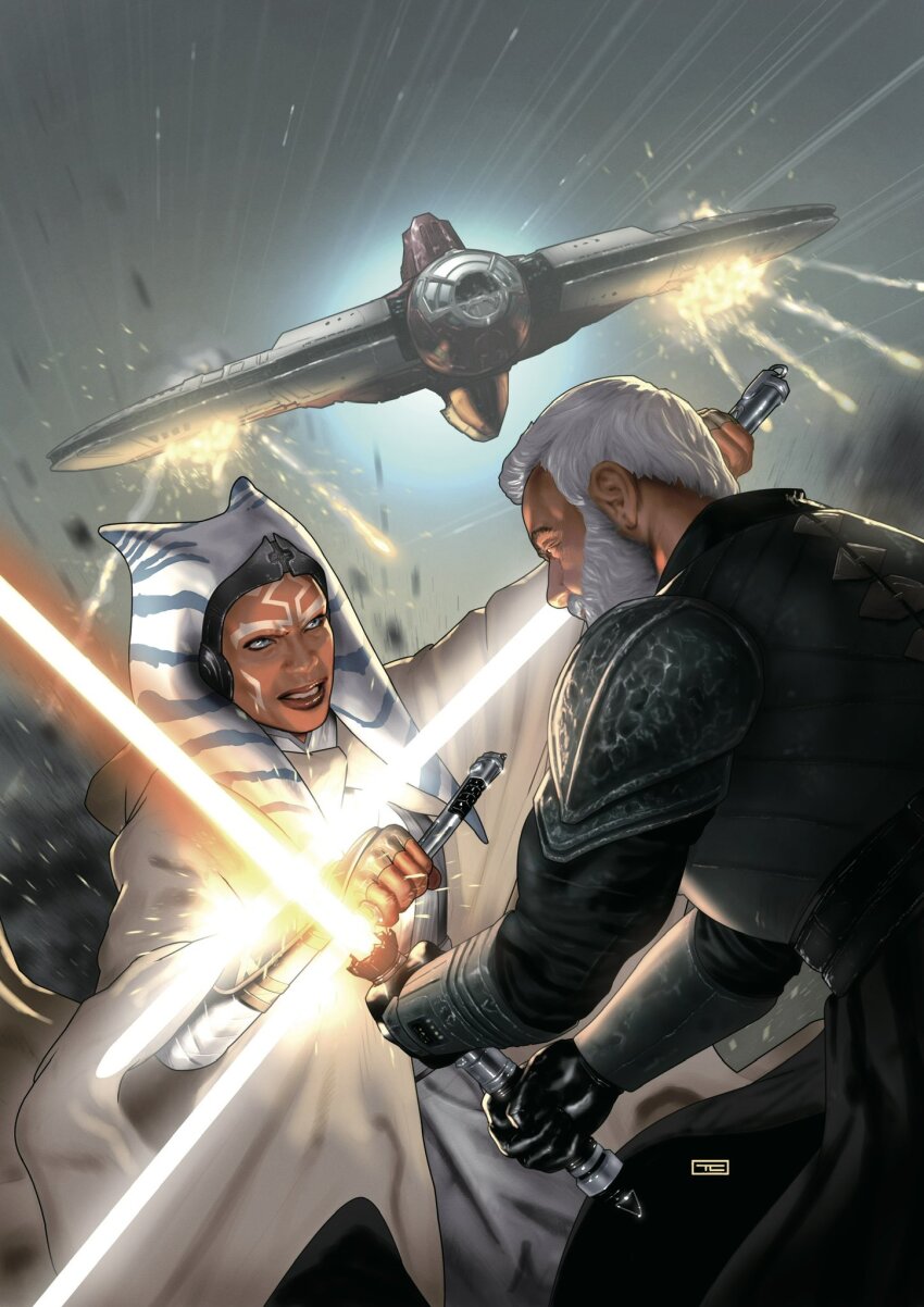 1boy, 1girl, ahsoka_tano, alien, baylan_skoll, beard, black_gloves, dual_wielding