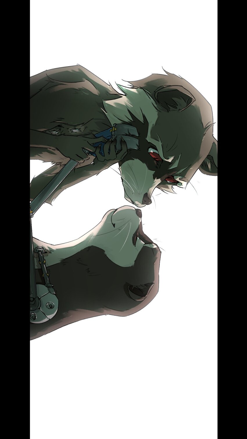 1boy, 1girl, animal_ears, claws, commentary, english_commentary, furry, furry_female, furry_male, guardians_of_the_galaxy, guardians_of_the_galaxy_vol._3, hand_on_another's_face, highres, holding_hands, looking_at_another, lylla_(marvel), marvel, otter_ears, otter_girl, prosthesis, prosthetic_arm, ra_matang, raccoon_boy, raccoon_ears, red_eyes, rocket_raccoon, whiskers, white_background