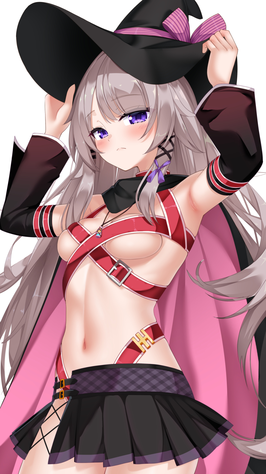 1girl, :<, armpits, ayachi_nene, ayachi_nene_(cosplay), bare_shoulders, belt, belt_bra, black_cape, black_hat, black_ribbon, black_skirt, blush, bow, breasts, cape, closed_mouth, commentary, cosplay, cowboy_shot, detached_sleeves, english_commentary, eyelashes, eyes_visible_through_hair, floating_hair, grey_hair, hair_bow, hair_ribbon, hand_on_headwear, hands_up, hat, herta_(honkai:_star_rail), highres, honkai:_star_rail, honkai_(series), jewelry, long_hair, long_sleeves, looking_at_viewer, medium_breasts, miniskirt, navel, necklace, nyayuu96, paid_reward_available, pink_cape, pleated_skirt, purple_bow, purple_eyes, red_belt, ribbon, sanoba_witch, sidelocks, simple_background, skindentation, skirt, solo, split_mouth, stomach, the_herta_(honkai:_star_rail), trait_connection, tress_ribbon, tsurime, two-sided_cape, two-sided_fabric, very_long_hair, white_background, wide_sleeves, witch, witch_hat
