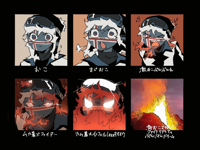 1boy, anger_vein, angry, annoyed, black_hat, blue_skin, breath_weapon, breathing_fire