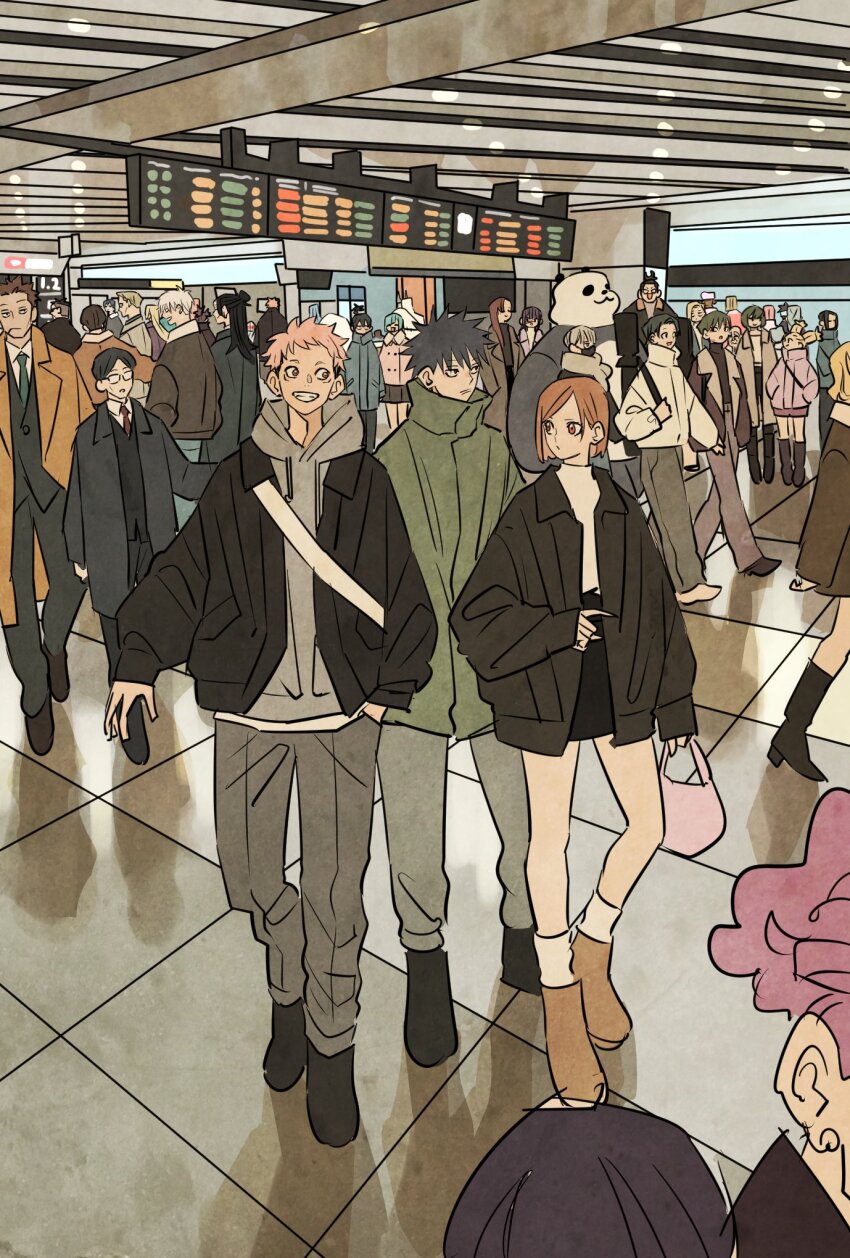 6+boys, 6+girls, asymmetrical_bangs, back, black_hair, blonde_hair, blue_hair, blunt_bangs, boots, brown_eyes, brown_hair, character_request, choso_(jujutsu_kaisen), commentary_request, dagon_(jujutsu_kaisen), expressionless, facial_mark, father_and_child, father_and_son, full_body, fushiguro_megumi, fushiguro_toji, gakuganji_yoshinobu, geto_suguru, glasses, gojo_satoru, green_hair, haibara_yu, hair_bun, hakari_kinji, half_updo, hanami_(jujutsu_kaisen), hands_in_pockets, high_collar, highres, hoshi_kirara, ieiri_shoko, ijichi_kiyotaka, inumaki_toge, iori_utahime, itadori_yuji, jacket, jogo_(jujutsu_kaisen), jujutsu_kaisen, kugisaki_nobara, kusakabe_atsuya, mahito_(jujutsu_kaisen), mask, mei_mei_(jujutsu_kaisen), miguel_oduol, miwa_kasumi, mouth_mask, multiple_boys, multiple_girls, muta_kokichi, nanami_kento, negi_toshihisa, nishimiya_momo, nitta_akari_(jujutsu_kaisen), okkotsu_yuta, panda, panda_(jujutsu_kaisen), parent_and_child, pink_hair, ponytail, purple_hair, ryoumen_sukuna_(jujutsu_kaisen), ryoumen_sukuna_(true_form)_(jujutsu_kaisen), scarf, short_hair, siblings, sisters, skirt, smile, spiked_hair, suda_manami_(jujutsu_kaisen), swept_bangs, takeuchi_ryousuke, toudou_aoi_(jujutsu_kaisen), tsukumo_yuki_(jujutsu_kaisen), twintails, ui_ui_(jujutsu_kaisen), uraume_(jujutsu_kaisen), white_hair, yaga_masamichi, zen'in_mai, zen'in_maki