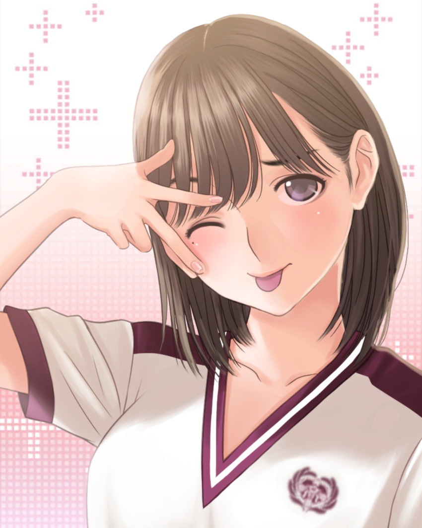 1girl, ;p, anegasaki_nene, arm_up, blush, brown_hair, collarbone, gradient_background