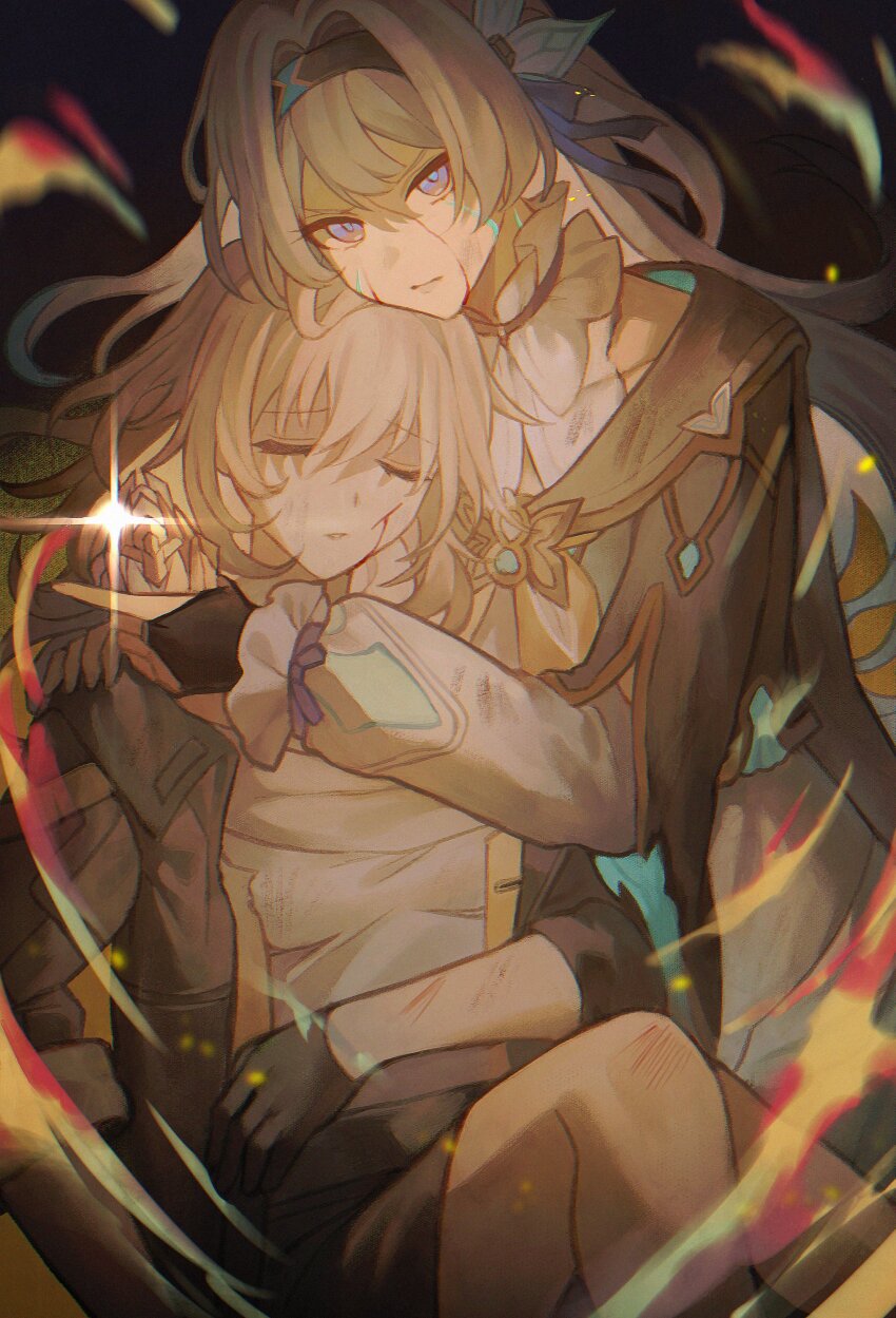 absurdres, black_hairband, black_jacket, blood, blood_on_face, firefly_(honkai:_star_rail), gloves, grey_hair