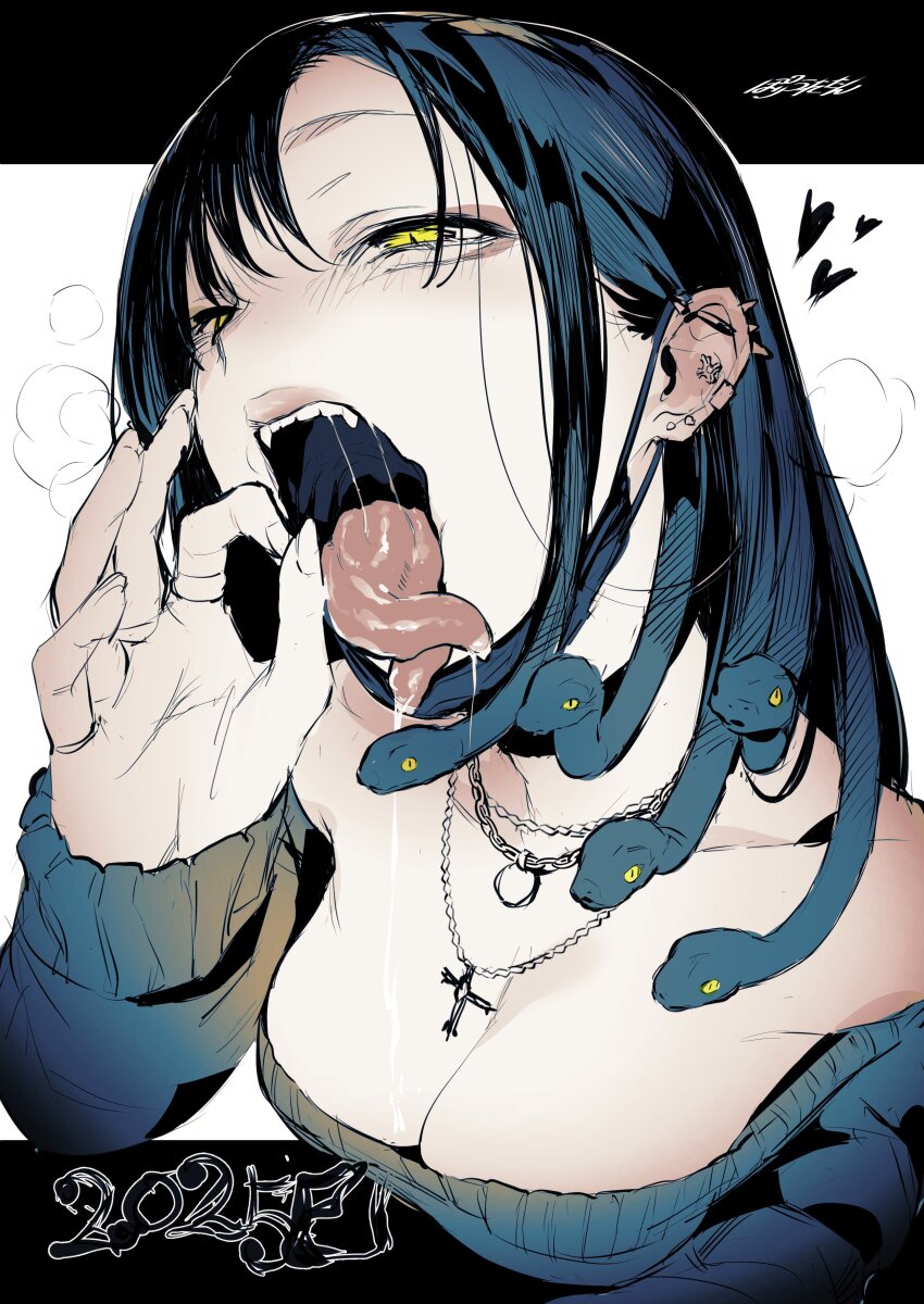 1girl, 2025, absurdres, aqua_hair, aqua_sweater, black_hair, breasts, chinese_new_year, chinese_zodiac, cleavage, collarbone, cross, cross_necklace, ear_piercing, earclip, fellatio_gesture, forked_tongue, heart, heavy_breathing, highres, jewelry, letterboxed, long_hair, long_sleeves, medium_breasts, multicolored_hair, necklace, new_year, original, outside_border, parted_bangs, piercing, pink_lips, poriuretan, ring, ring_necklace, saliva, sharp_teeth, simple_background, slit_pupils, snake_hair, solo, sweater, teeth, tongue, white_background, wide_mouth, year_of_the_snake, yellow_eyes