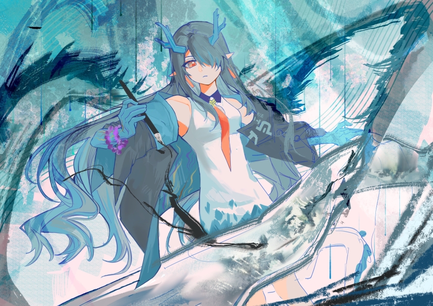 1girl, absurdres, arknights, bead_bracelet, beads, black_hair, bracelet, chunqiudameng229, colored_skin, dragon_girl, dragon_horns, dragon_tail, dress, dusk_(arknights), earrings, eastern_dragon_tail, gradient_skin, green_horns, green_skin, hair_over_one_eye, highres, holding, holding_paintbrush, horns, jewelry, long_hair, looking_at_viewer, multicolored_hair, paintbrush, pointy_ears, red_eyes, solo, streaked_hair, tail, tassel, tassel_earrings, white_dress