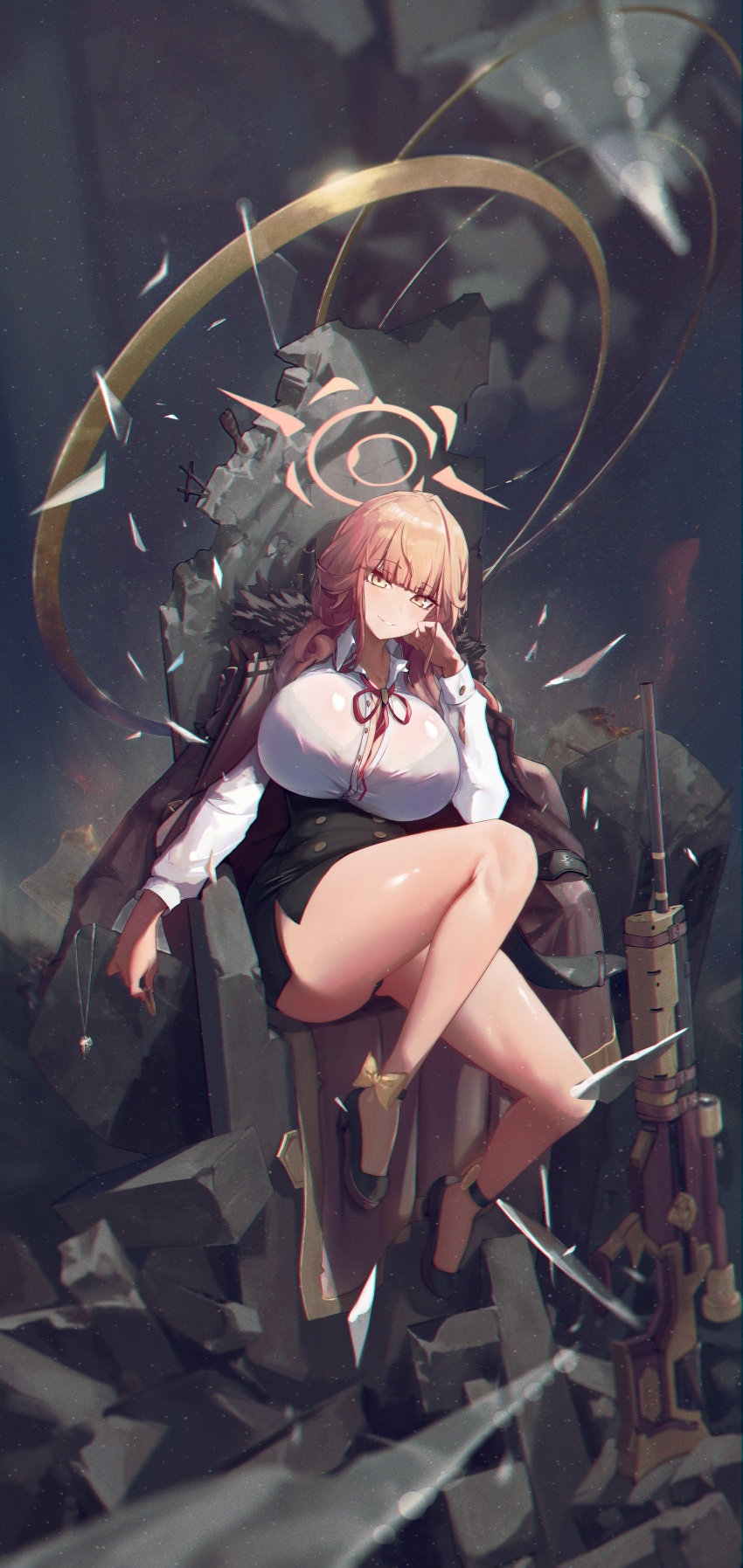 absurdres, art_study, aru_(blue_archive), black_bra, black_skirt, blue_archive, bra, bra_visible_through_clothes, breasts, bullet, chair, cleavage, cloak, concrete, fur_trim, glass_shards, gun, h&amp;k_psg1, halo, hand_on_own_face, highres, huge_breasts, jewelry, kakuseikakusei, large_breasts, panties, pantyshot, red_hair, rifle, ring, scope, see-through_cleavage, see-through_clothes, see-through_shirt, shirt, shoes, sitting, skirt, smile, smug, sniper_rifle, thick_thighs, thighs, underwear, weapon, yellow_eyes