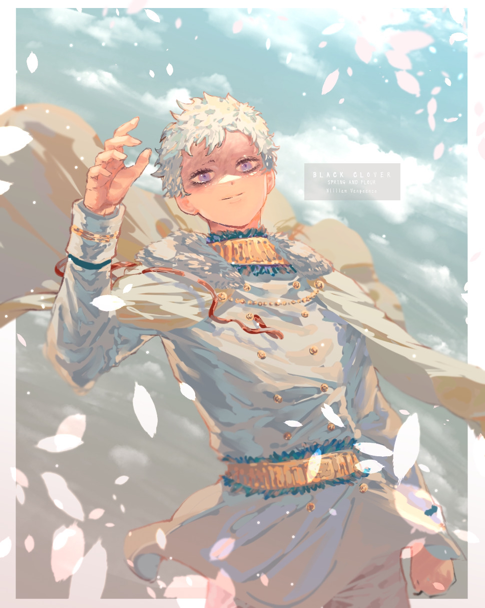 1boy, aristocratic_clothes, belt, black_clover, cape, coat, cowboy_shot, falling_petals