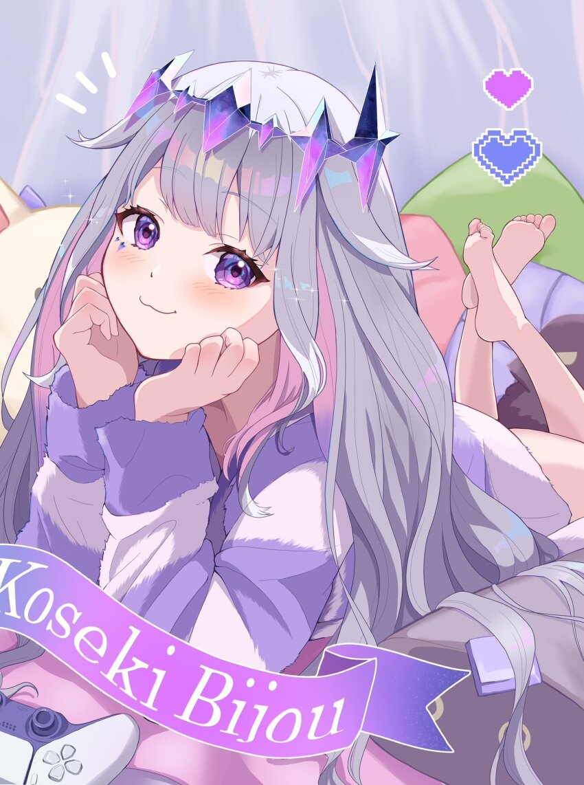 1girl, :3, barefoot, circlet, controller, feet, game_controller, gem