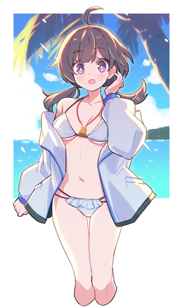 1girl, ahoge, arm_at_side, bikini, brown_hair, cropped_legs, djmax, djmax_respect