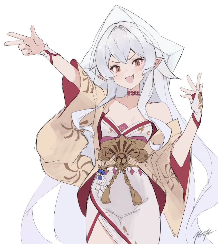 1girl, bare_shoulders, blush, breasts, collarbone, cosplay, cowboy_shot, fang