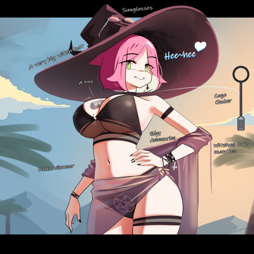 1girl, arm_strap, beach, bikini, black_bikini, black_choker, black_nails, blonde_hair