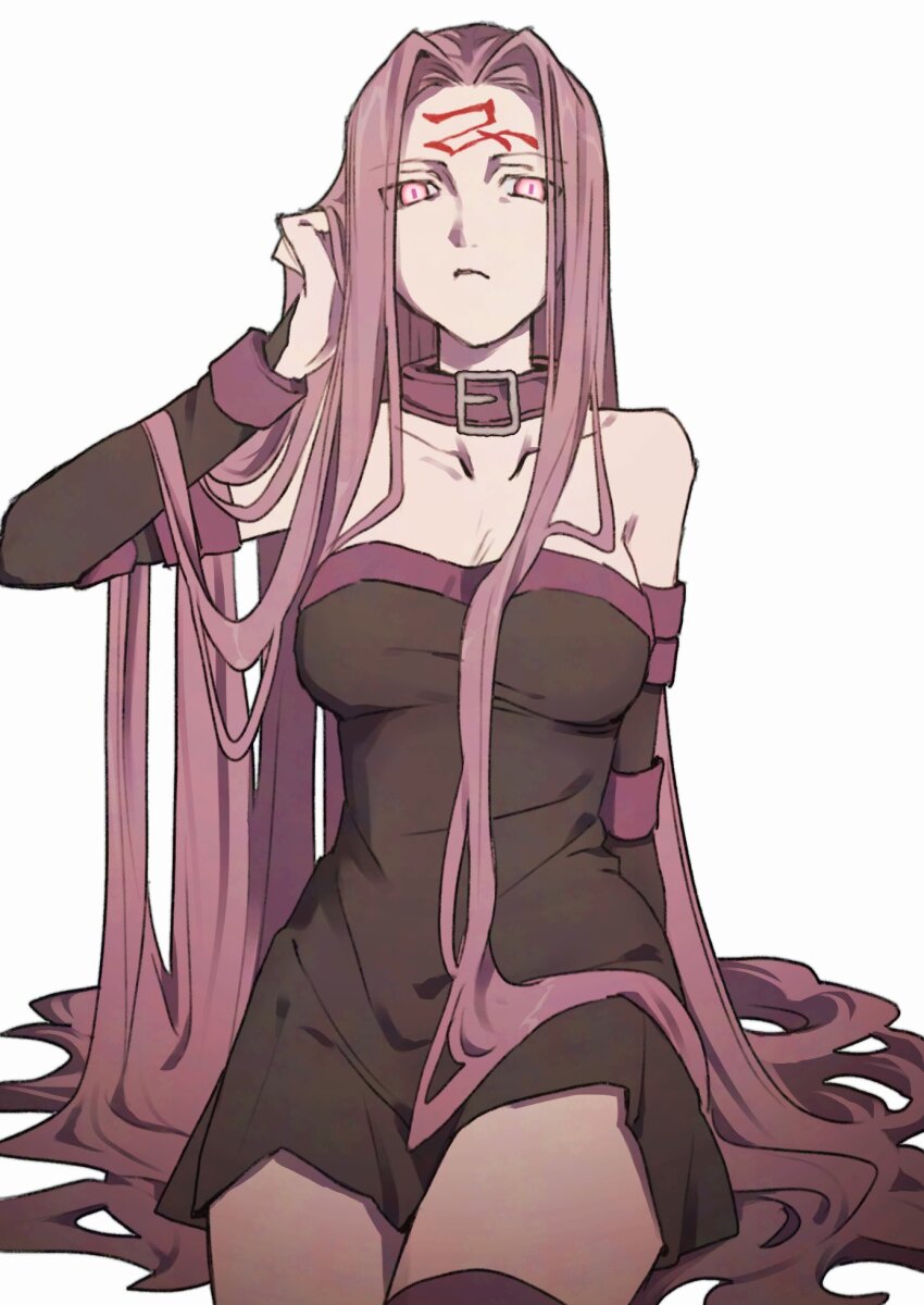 1girl, bare_shoulders, black_dress, breasts, detached_sleeves, dress, facial_mark, fate/stay_night